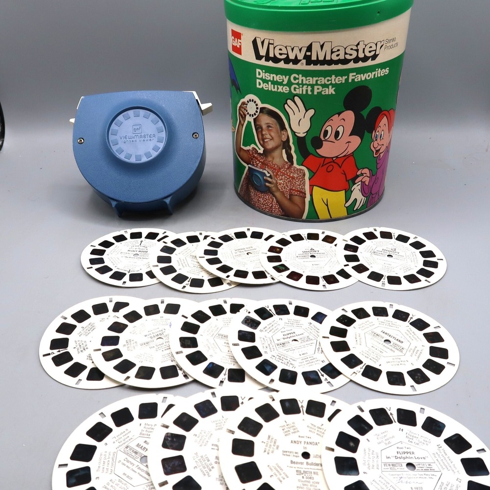 Vintage View-Master Lighted Viewer Blue with lot of reels Disney Bambi‎ Snoopy